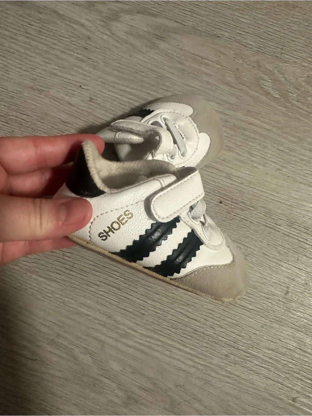 Baby White and Gray Sneaker with Black Stripes